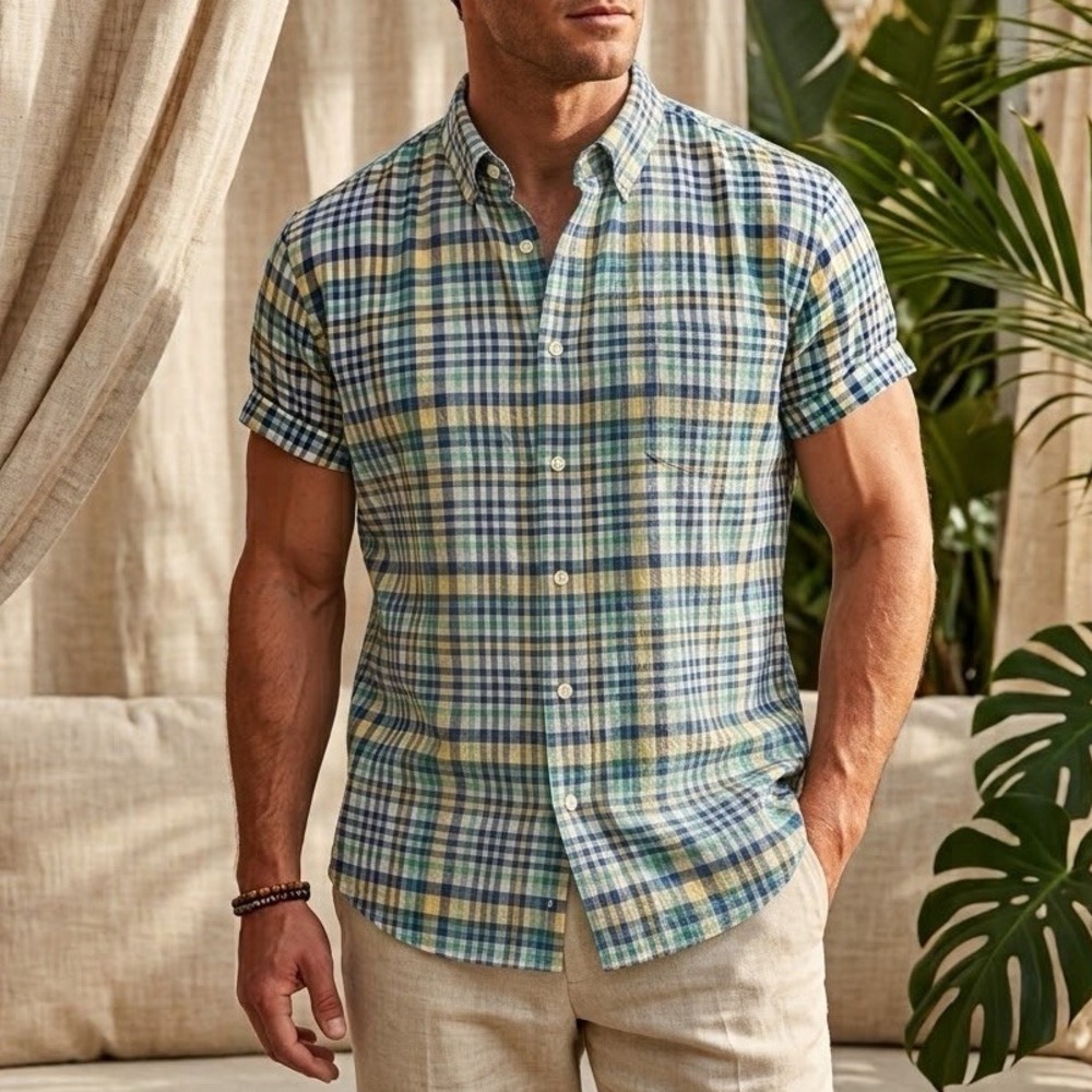 Brooks Brothers Shirt Mens Sz L Multicolor Plaid 100% Linen Short Sleeves Regent